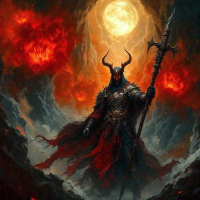 The primary subject of the image is a demonic figure, possibly a demon or a warrior, standing in a dark and ominous setting. The figure is holding a large sword, and it appears to be the main focus of the image. The setting is a dark, rocky landscape with a red glow, which adds to the demonic and ominous atmosphere. The visual style of the image is a digital art or illustration, with a strong emphasis on the demonic figure and its surroundings. The colors and